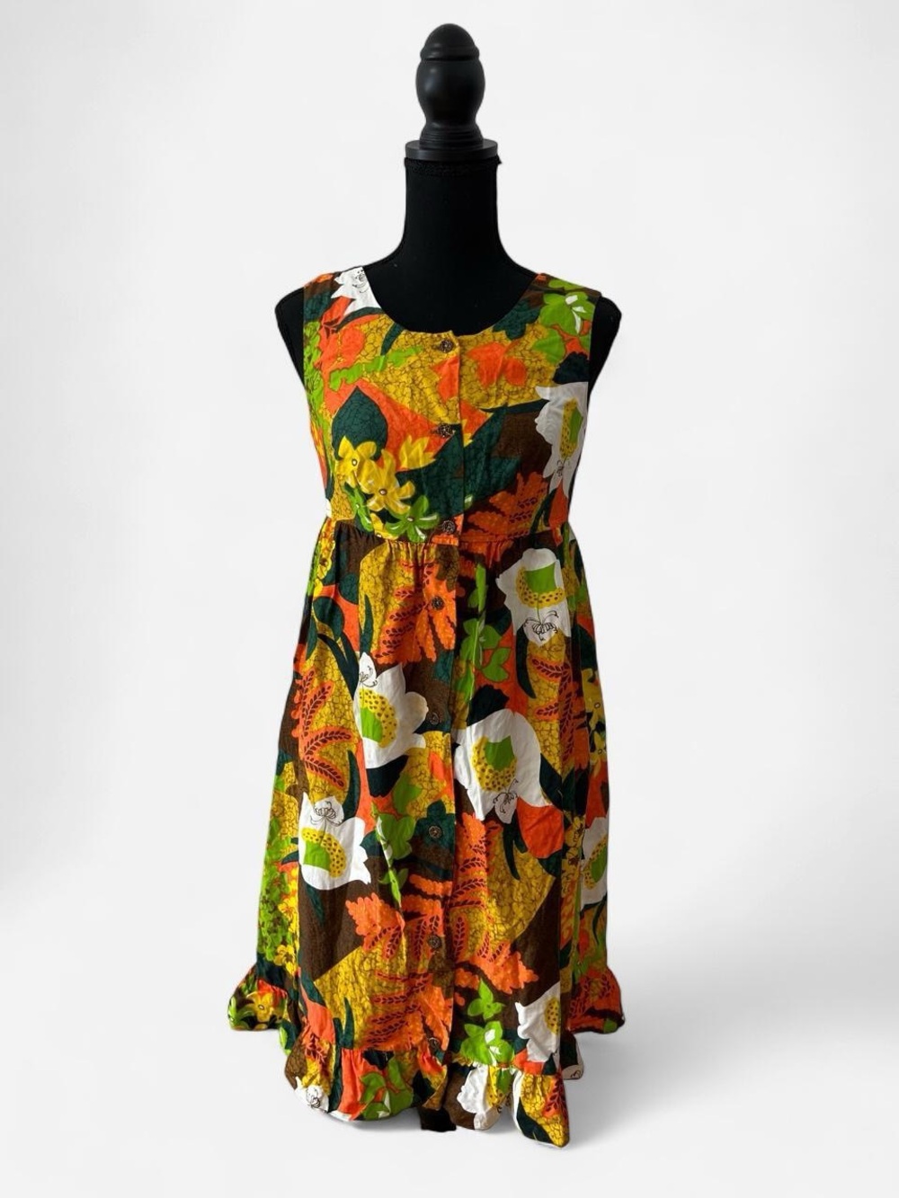 Vintage 60s/70s Mod Psychedelic Floral Miss Hawaii Kamehameha Mini Dress Retro S
